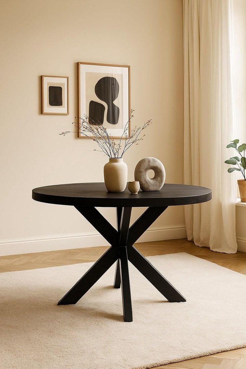 Home Ronde Eettafel 100 cm Mangohout – Zwart – Zwart Metalen Matrix Onderstel – Industrieel – 4 Personen