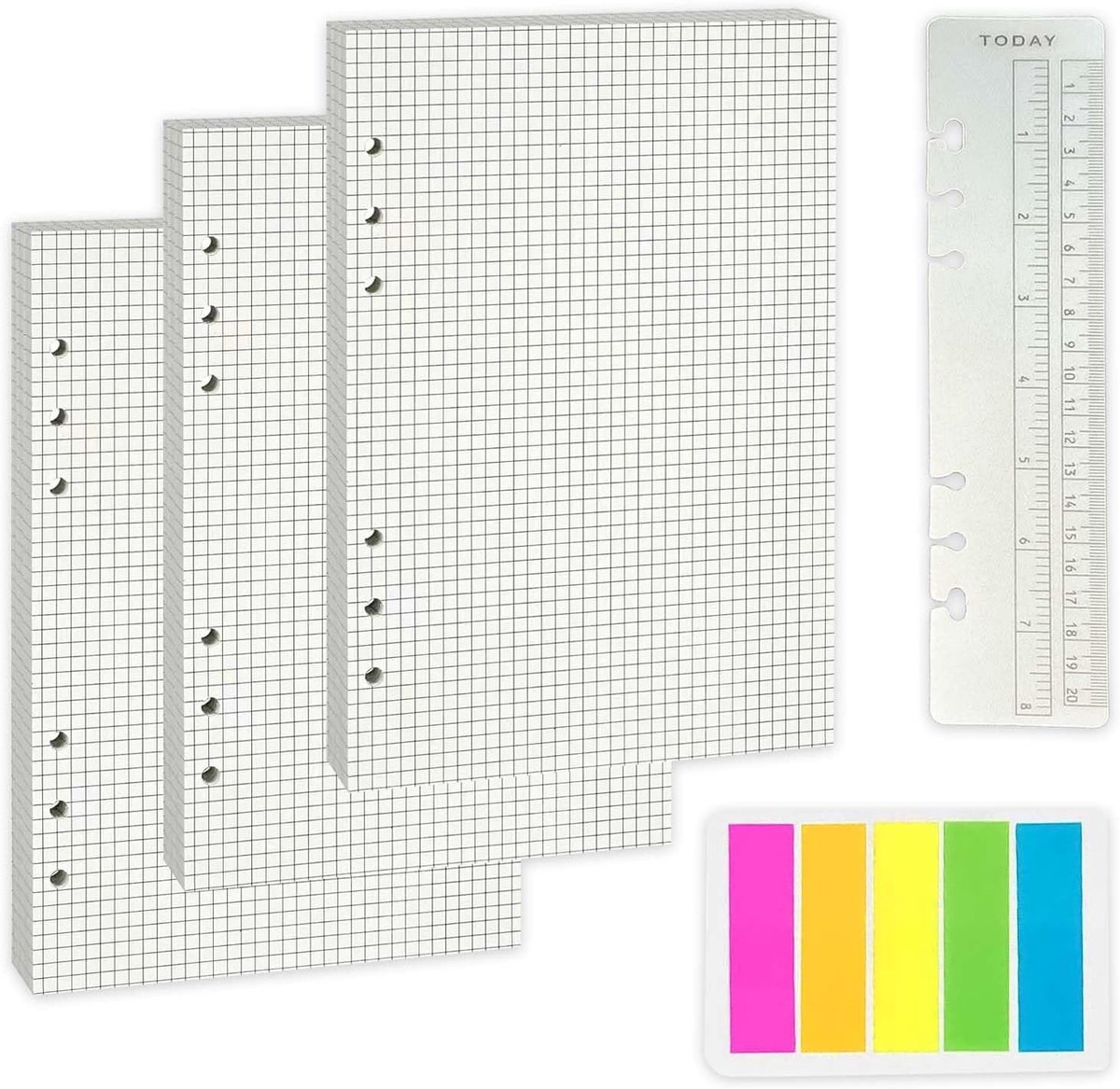 Raster navulpapier, De schaal, SEPWGUMD Navulbaar Notitiepapierset - Hoogwaardig A5 Ringband Navulpapier met Standaard 6 Gaten Ontwerp, Gelinieerd, Inclusief Sticky Tabs Gekleurd & Cm Liniaal