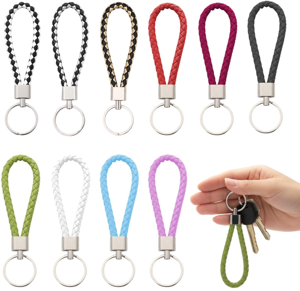 SolidKeus - Set van 10 Gevlochten Leren Sleutelhangers in 12 Kleuren