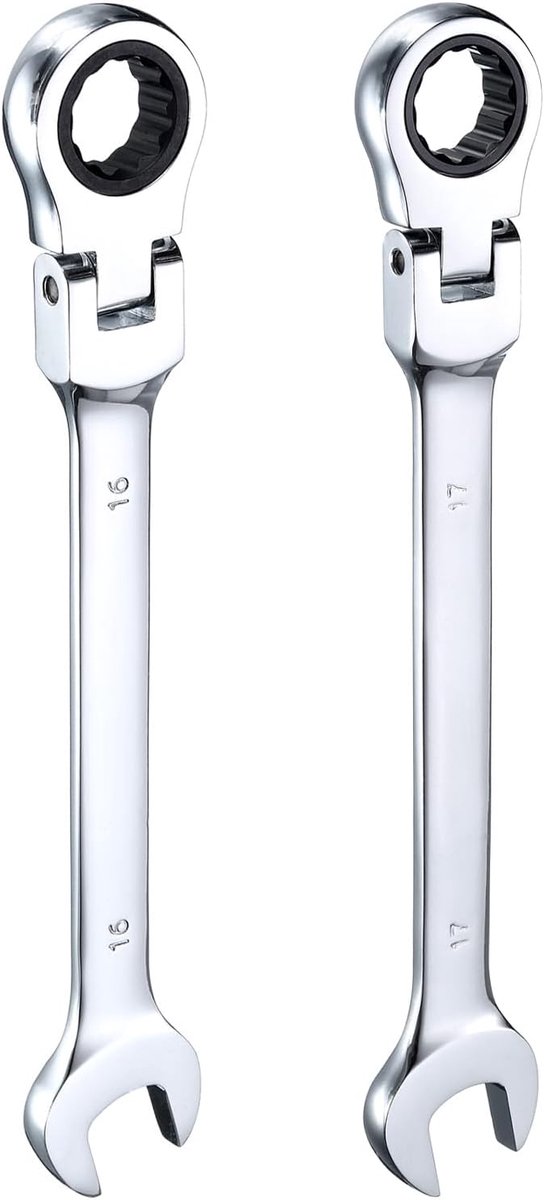 2 stuks flexibele ratelsleutel 16/17 mm kop 180° draaibaar metrische ratelsleutel combinatie ratelsleutel 72 tanden chroom-vanadium-staal einde