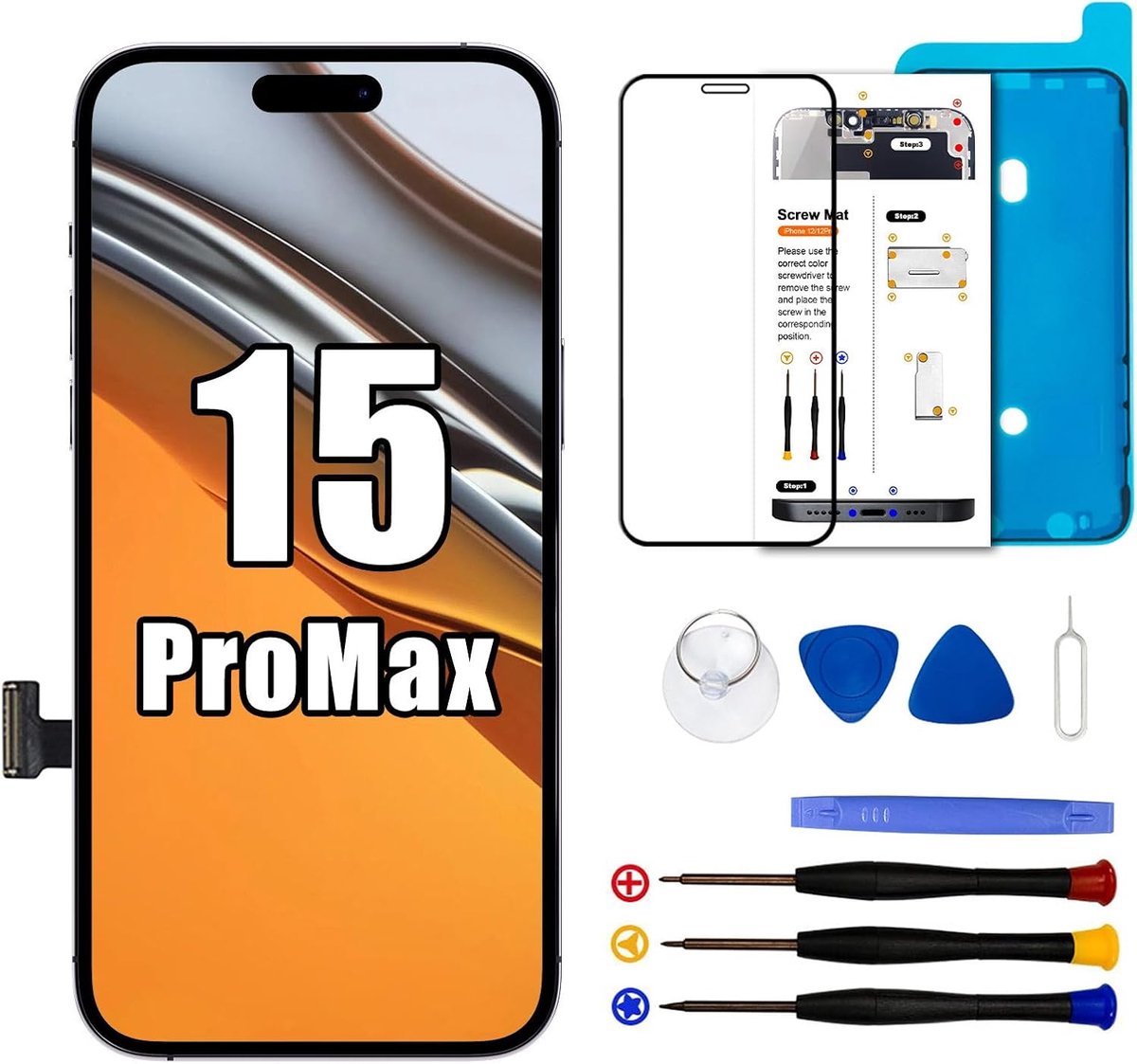 Scherm voor iPhone 15 Pro Max, 6,7" LCD Display voor iPhone 15 ProMax, Scherm voor iPhone 15 Pro Max LCD Vervanging met Reparatieset, Compatibel met A3106, A2849, A3105, A3108(Face ID, 3D Touch)
