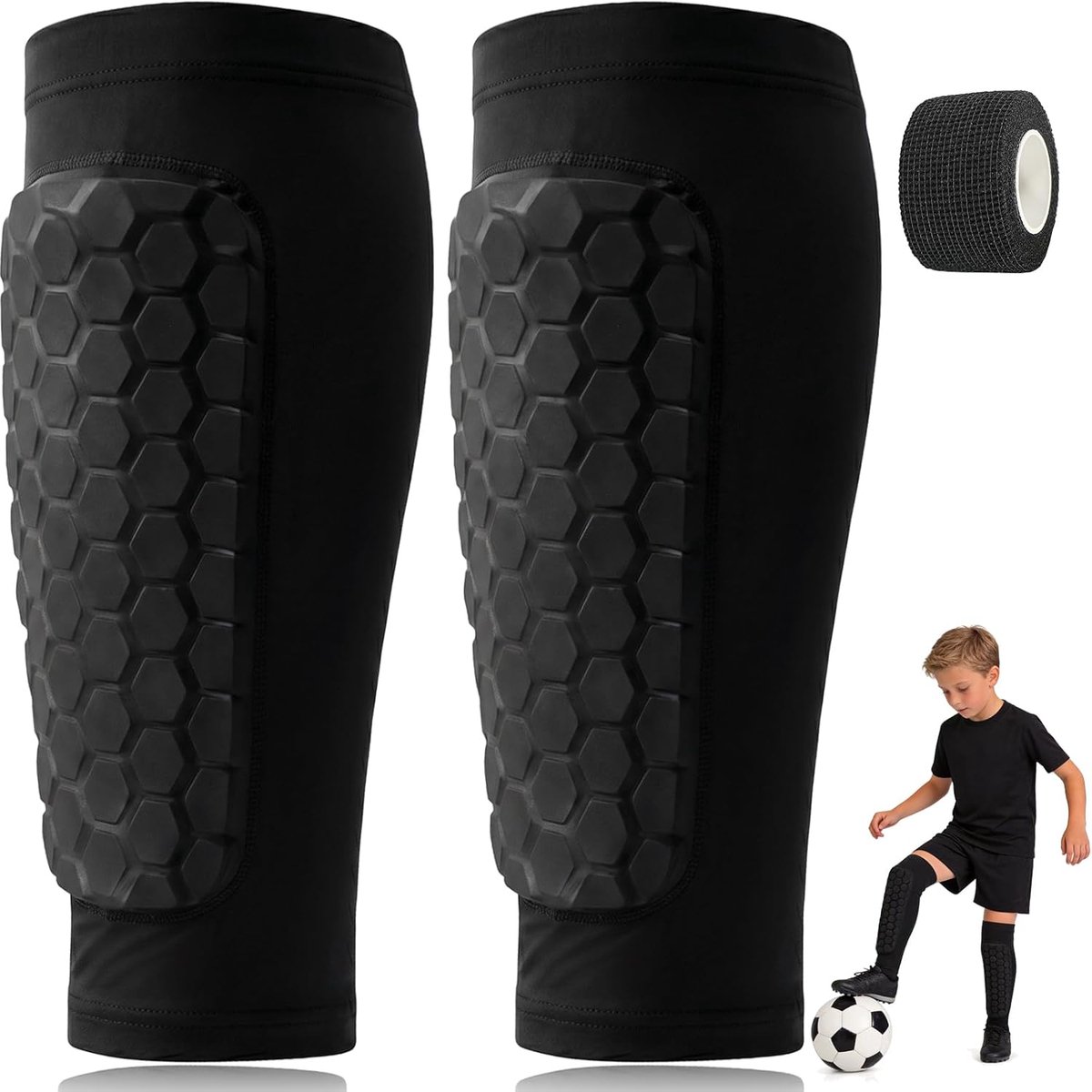 Scheenbeschermers voor kinderen, voetbal, ultralichte scheenbescherming met zelfklevend verband, ademende beschermende uitrusting met superieure schokdemping voor jongens en meisjes