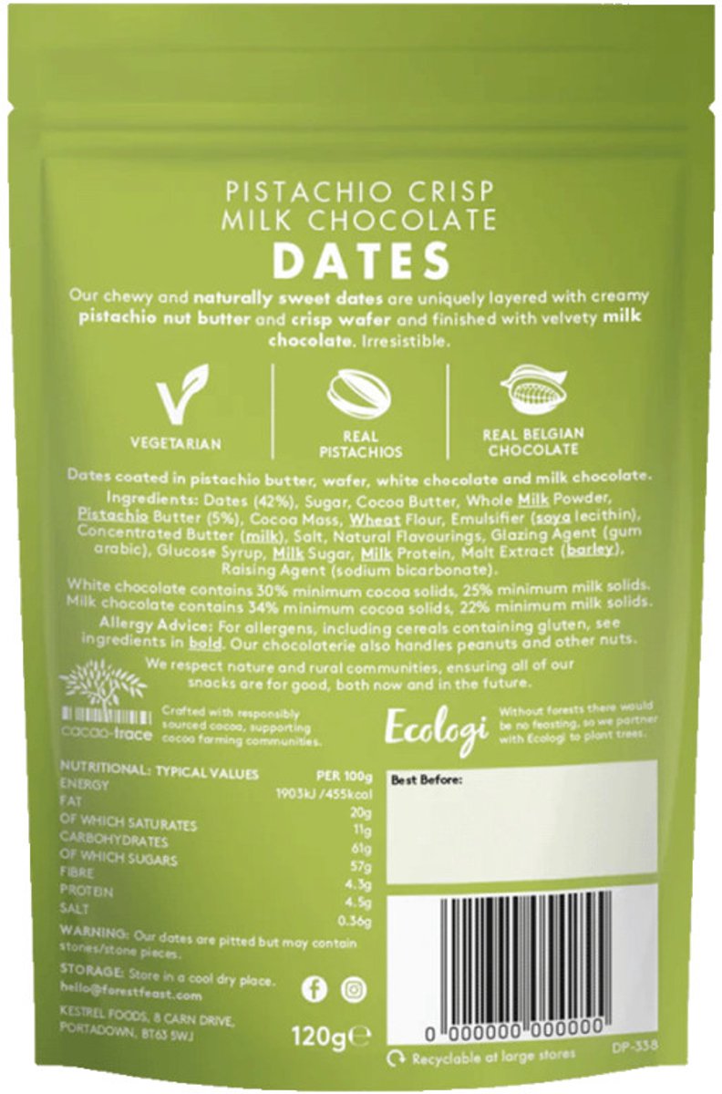 Forest Feast dadels met pistachenoot en knapperige melkchocolade, 120 g