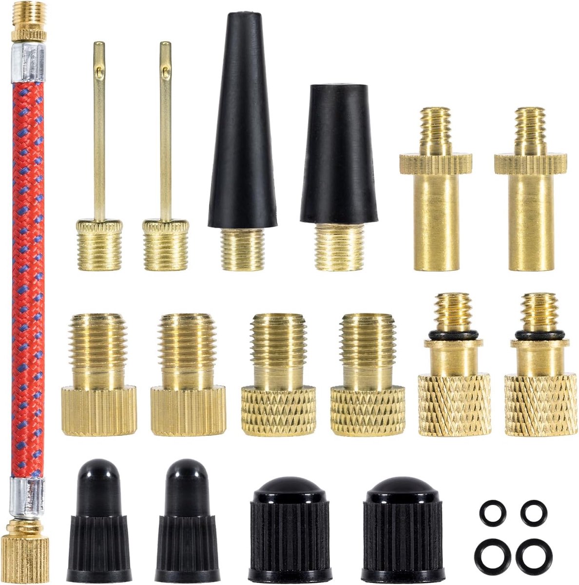 Fietsventieladapterset, 21 stuks fietsventieladapters met SV DV AV-adapter, kogelnaalden, conusadapter, afdichtingen, ventieldoppen, pompadapter voor fietsen, Frans ventiel