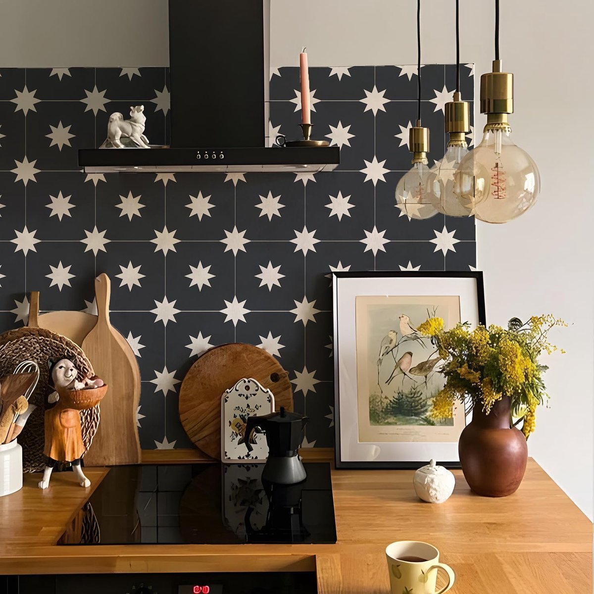 Tegelsticker, zwarte en witte bloem, zelfklevende plaktegels, sticker voor badkamer, keuken, spatwand, folie losmaken en aanbrengen, wandtegelsticker van vinyl, 25 stuks x 15 cm