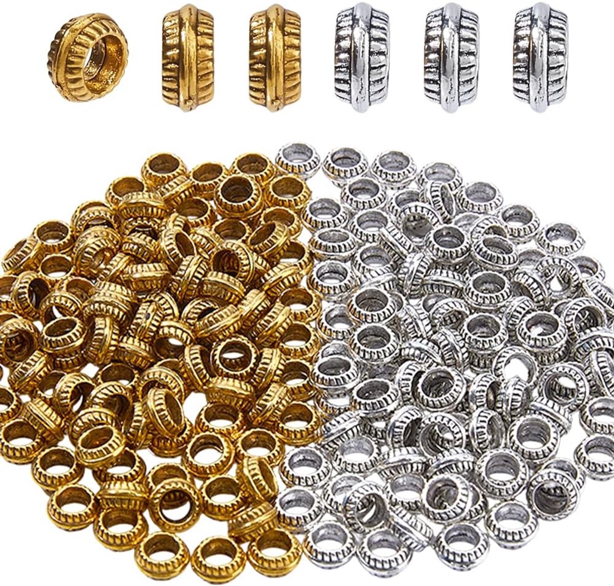300 stuks 2 kleuren antiek goud zilver groot gat spacer kralen Tibetaanse stijl legering Europese groot gat kralen metalen ambachtelijke rondelle kraal voor ketting armband sieraden