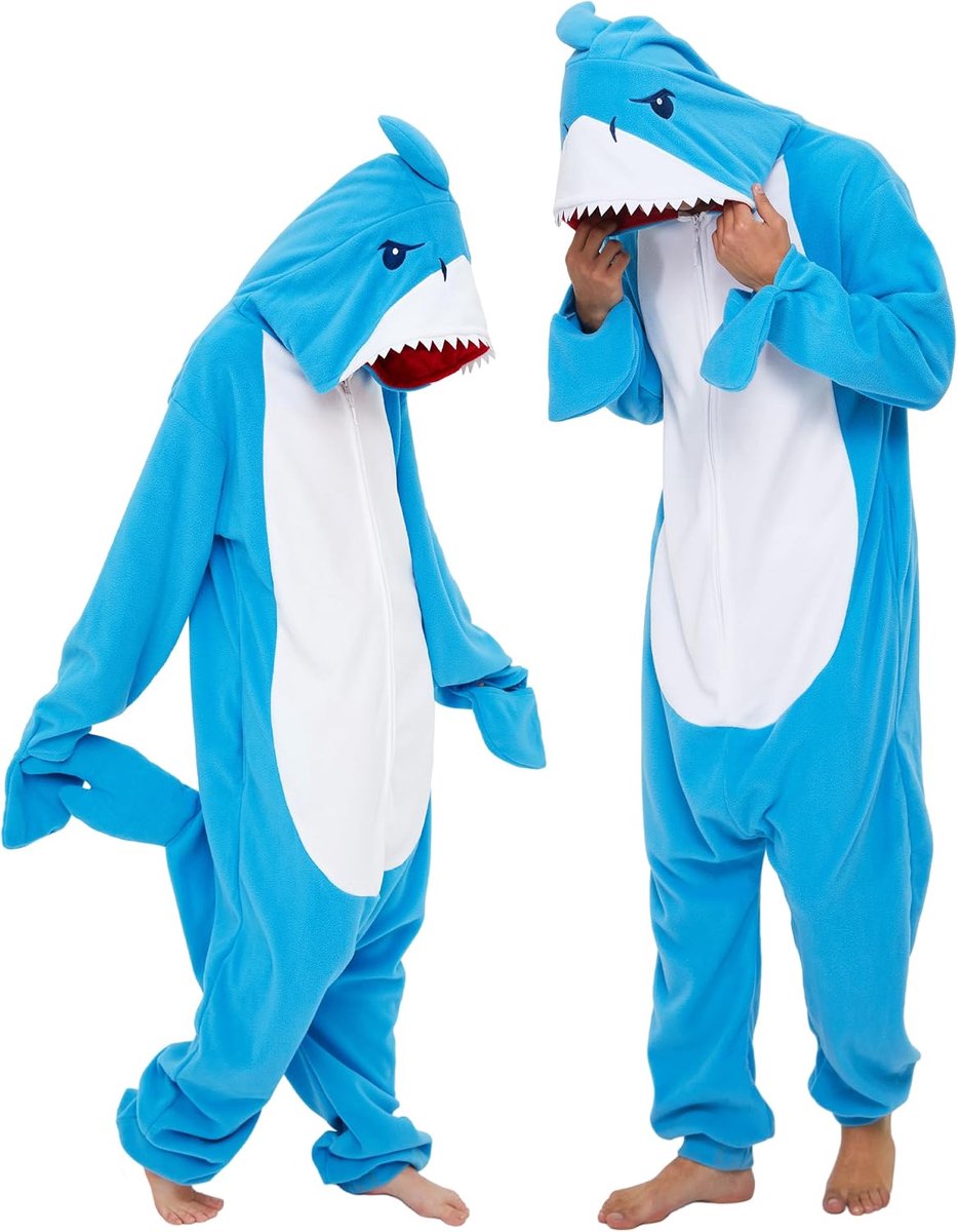 Dressfan Unisex haaienkostuum blauwe onesie pyjama Halloween carnaval cosplay kostuum familie paar pyjama voor volwassenen tieners