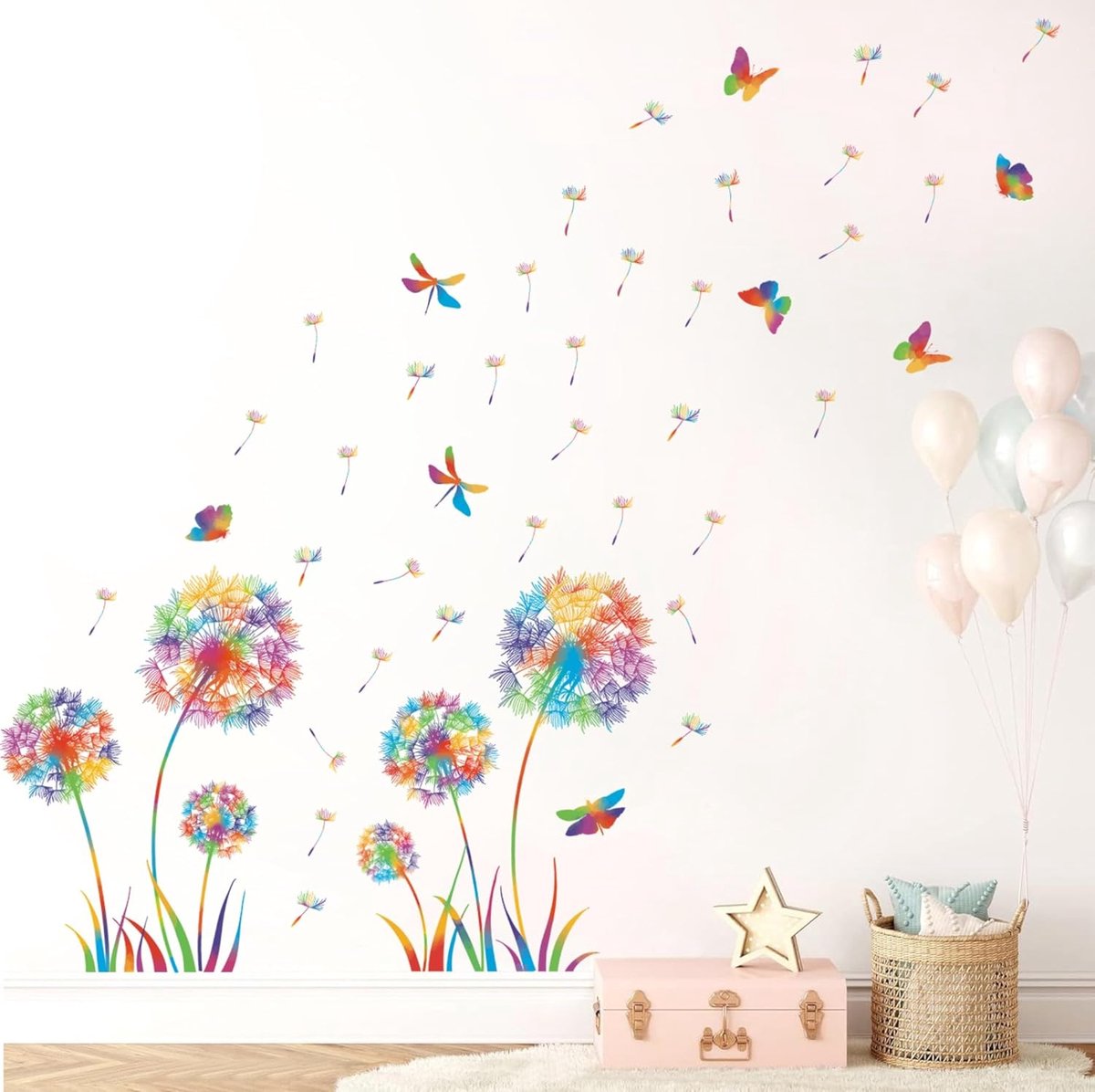 Muursticker Paardenbloem voor Kinderkamer - Planten, Muurtattoo, Bloemen, Vlinder - Kleurrijke Wanddecoratie voor Woonkamer en Meisjeskamer