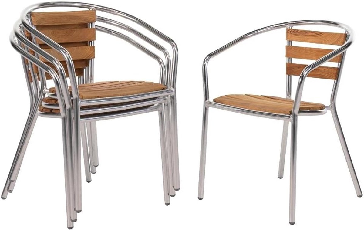 Stoelen van aluminium en essen (4 stuks), gebruik binnen / buiten, aluminium frame / zitting van essenhout, roestbestendig, zithoogte: 440 mm, café-bistro-huismeubilair, u421