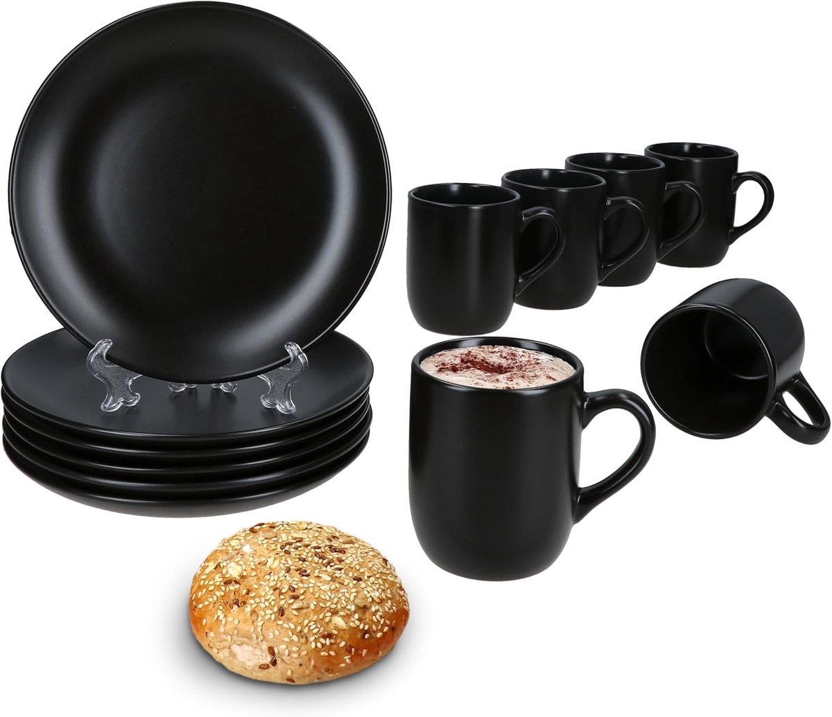Panther 12-delige ontbijtset, zwart, 6 x matte kleine borden en koffiekopjes 340 ml, hoogte 10,3 cm voor 6 personen, kopjes, taartborden, aardewerkservies voor ontbijt- en koffietijd