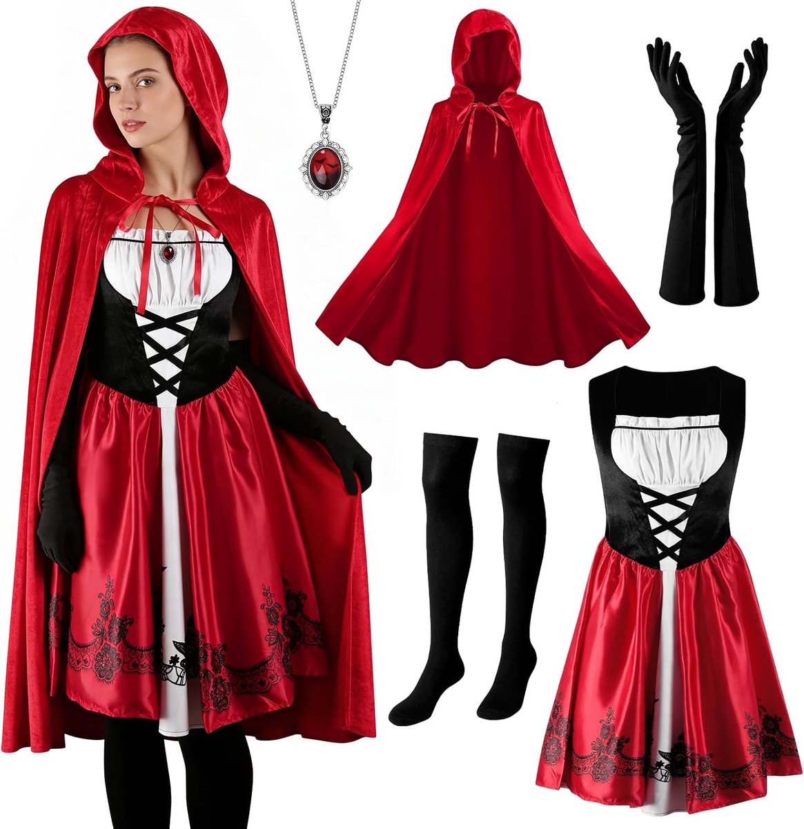 Roodkapje kostuum cape, volwassenen carnavalskostuum rode cape met capuchon kant Little Red Riding Hood lange jurk outfit voor carnaval cosplay themafeest feestelijke partyjurk kleding