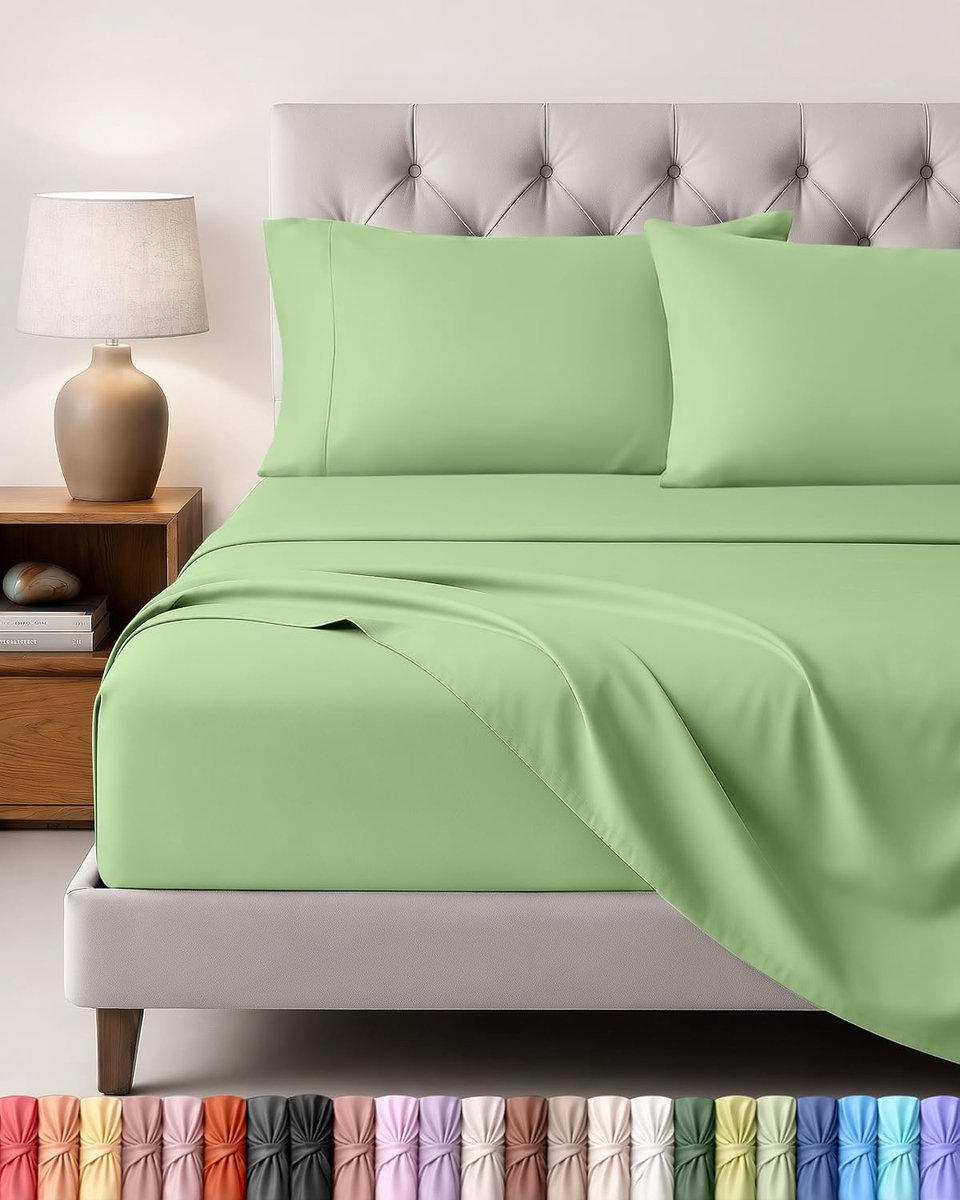 Bedding 4-Delig Beddelakenset (Voor Beddenmaat 135x190 cm, Salie) - Polyester Microvezel Stof - 1 Hoeslaken & Vlakke laken met 2 Kussenslopen 50x75 cm