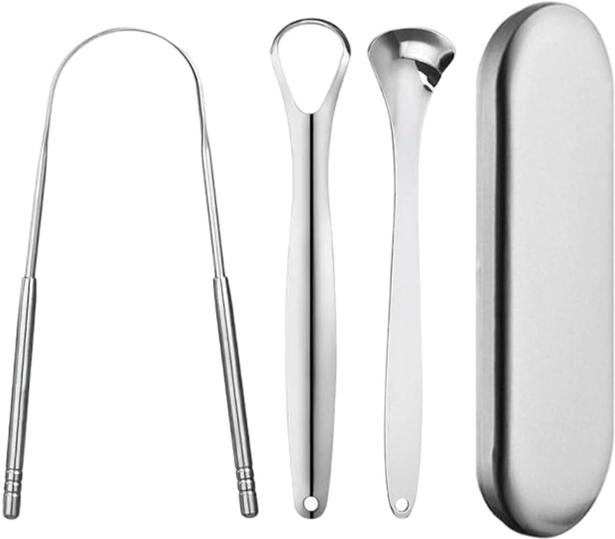 Tongreinigers van roestvrij staal met metalen etui, tongschraper voor een frisse adem en mondhygiëne, 3 verschillende vormen tegen tongplaat, zilver