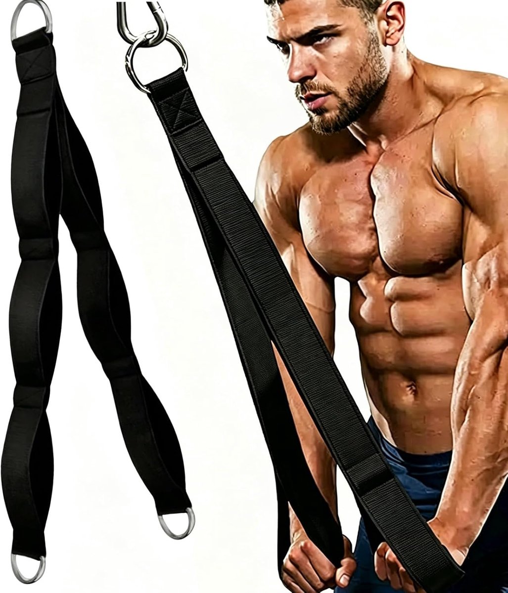 Tricepstouw met 3 greepzones, kabeltrektouw met 3 D-ringen voor extra gewichten en fitnesshandgrepen, neopreen binnenbekleding, antislip handgrepen, voor push-downs, face pulls, crunches in de studio
