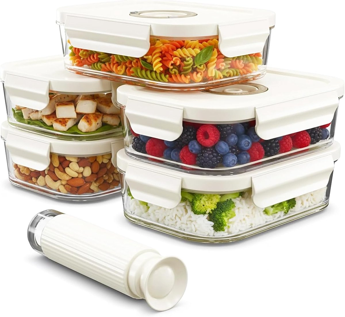Vacuüm voedselbewaarcontainers van glas met afsluitbare deksels (verpakking van 5, klein, 630 ml) + handmatige sluitpomp