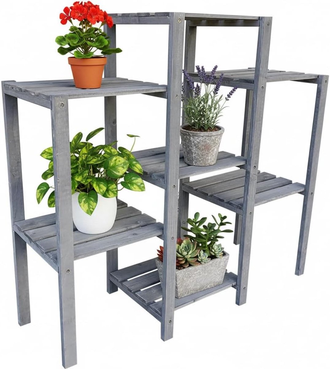 Bloemenrek, hout, plantenrek, grijs, bloementrap, 7 niveaus, bloemenstandaard, 97 x 31 x 87 cm, bloemenladder
