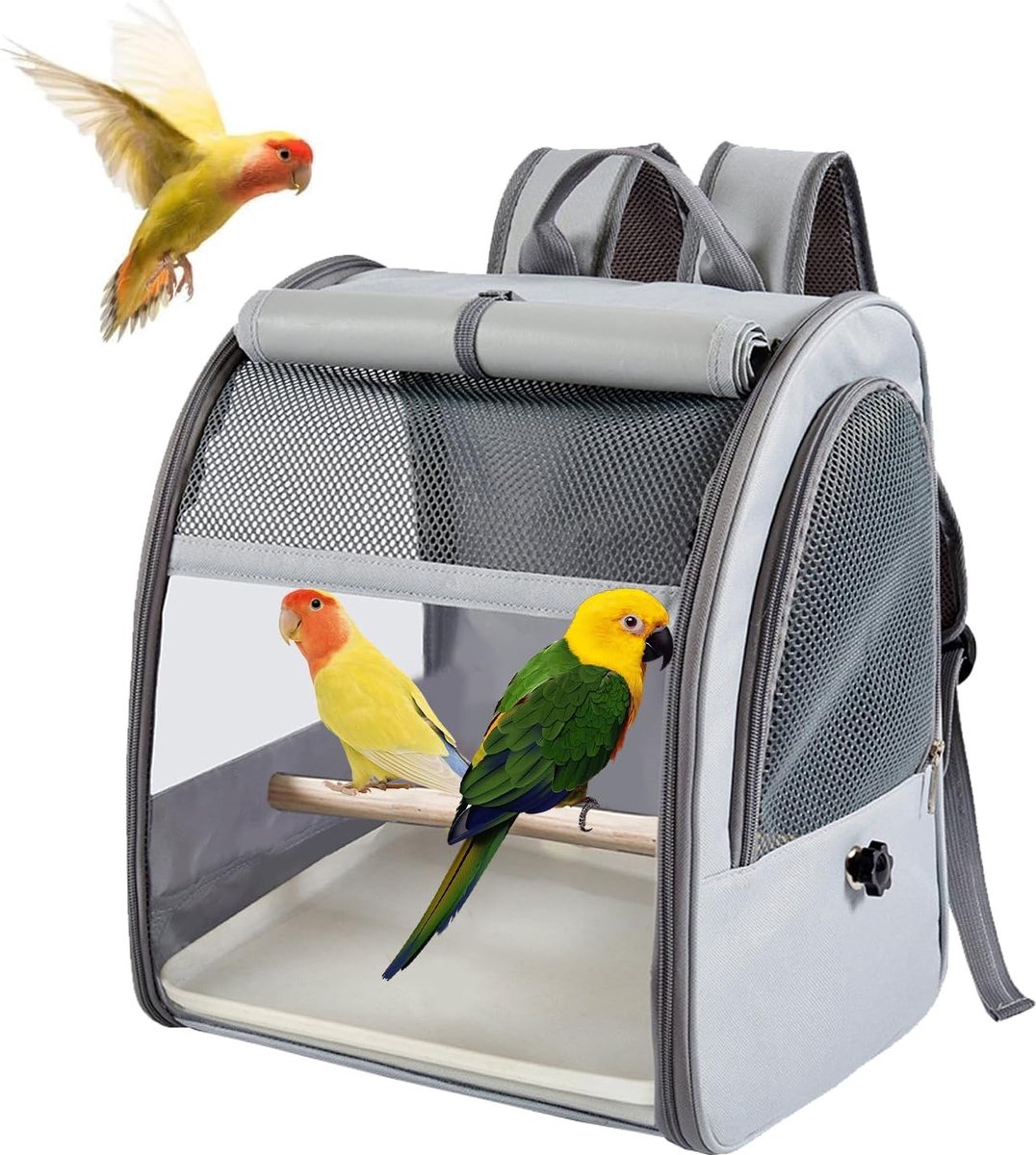 Reiskooi met dienblad en staande zitstokken, rugzak voor papegaai, draagbare vogelreistas, ademend, transparant