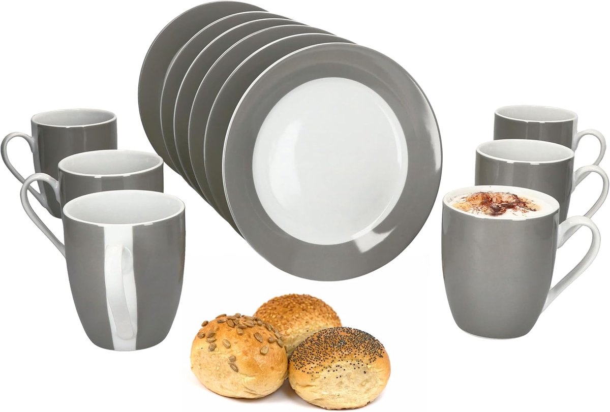Variant Ontbijtset, grijs, 12-delig, 6 x kleine borden en koffiekopjes 350 ml, hoogte 10,3 cm, voor 6 personen, kopjes, taartborden, porseleinen servies voor ontbijt- en koffietijd
