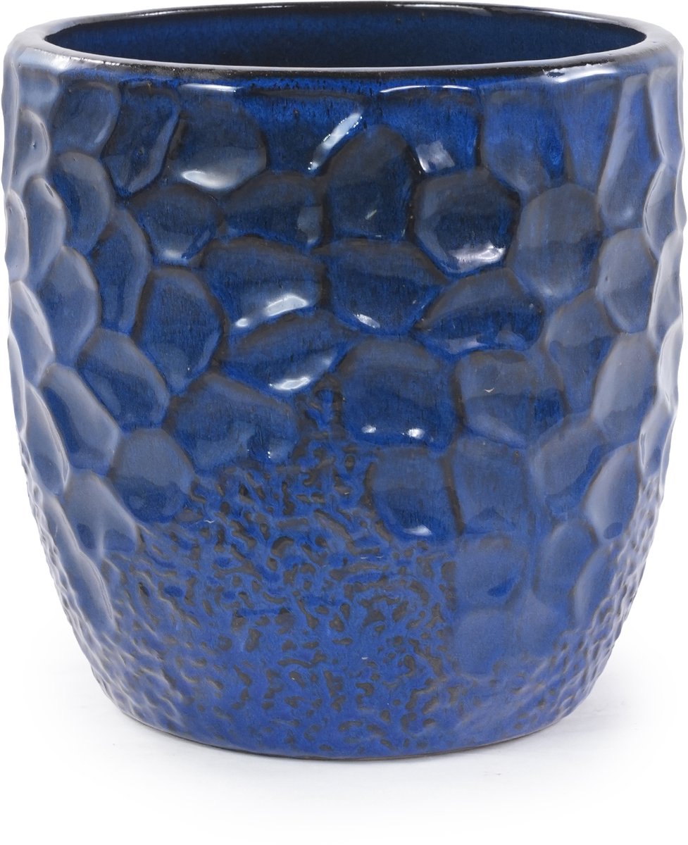 DESMIU Bloempot – Glanzend Hammerschlag Reliëf – Ø22,5 cm – Keramiek – Marineblauw – Voor Binnen – Met Afwateringsgat