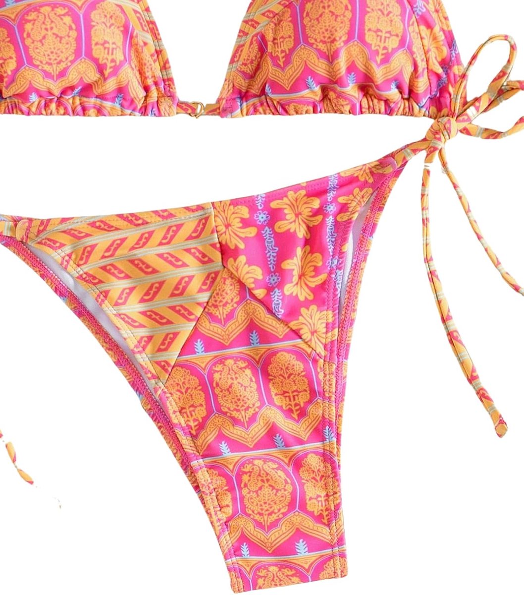 Bikini voor dames, driehoekige bikini met bloemen, nekhouder, bikiniset, boho-bikini, tweedelig badpak, badmode