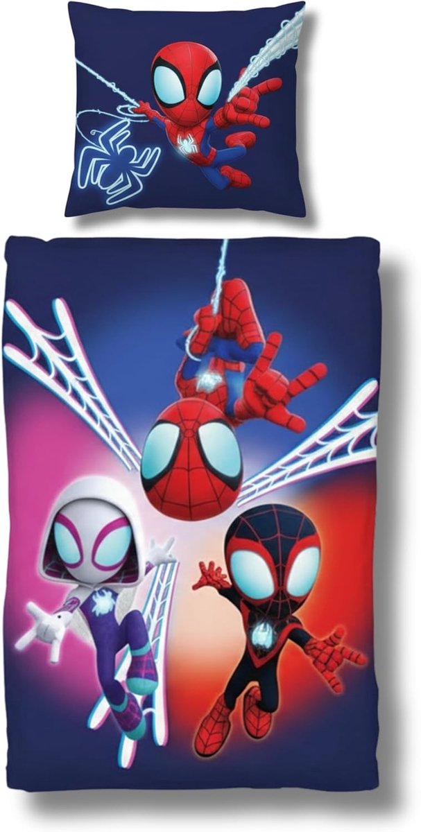 Beddengoed 135 x 200 cm, Spidey & supervrienden, kinderbeddengoed voor meisjes en jongens, tieners, 100% katoen, 1 x kussensloop 80 x 80 cm + dekbedovertrek 135 x 200 cm, ritssluiting