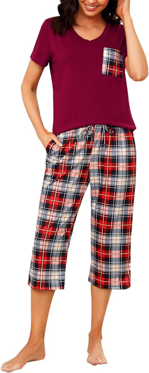 Damespyjama, katoen, tweedelige nachtkleding, V-hals, pyjama met knoopsluiting en borstzak.