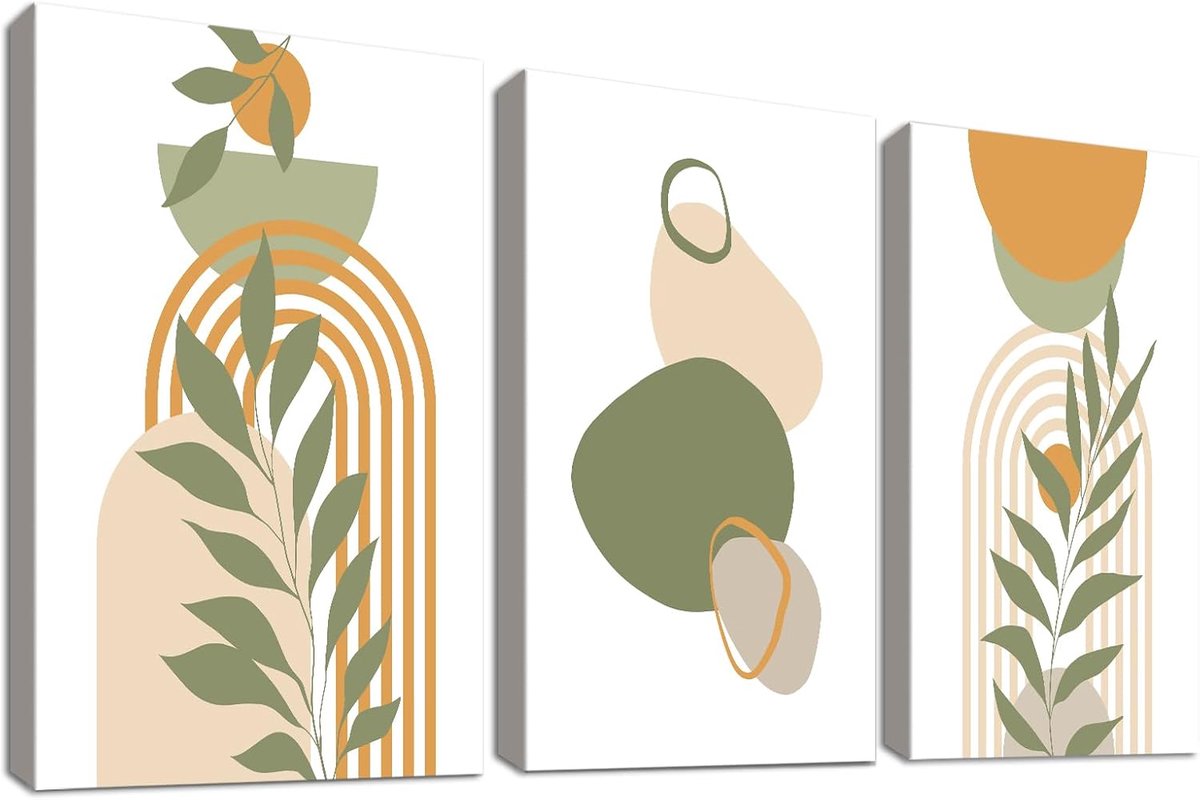 Set van 3 houten ingelijste Boho Halverwege de eeuw canvas muurkunst abstracte oranje groene bladeren schilderij op canvas prints, minimalistische geometrische zon maan foto's voor woonkamer