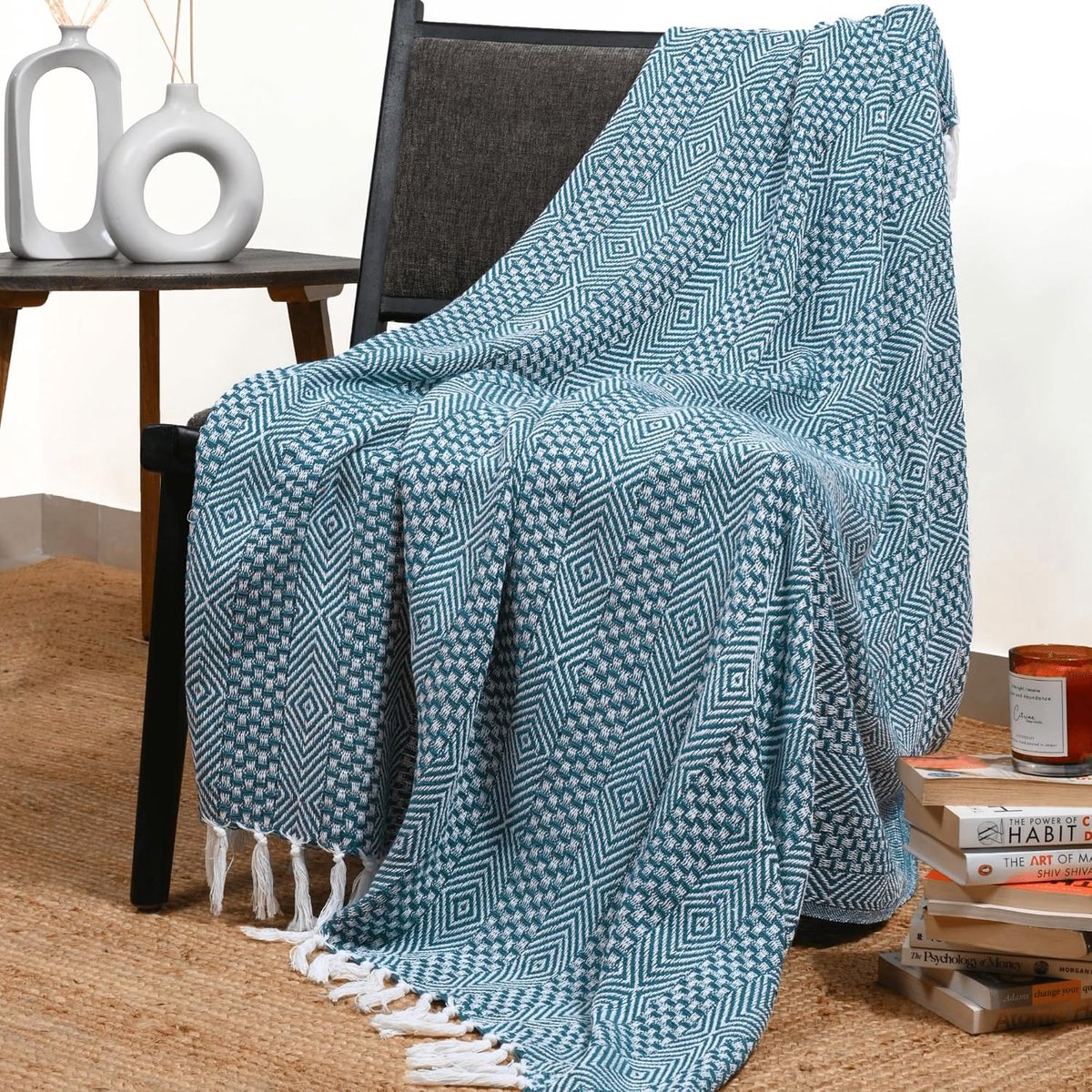 Rustieke gooi deken met decoratieve kwast - 100% katoenen worpen geometrische geweven zachte patio comfortabele dekens - groenblauw blauw - 50 x 60 inch