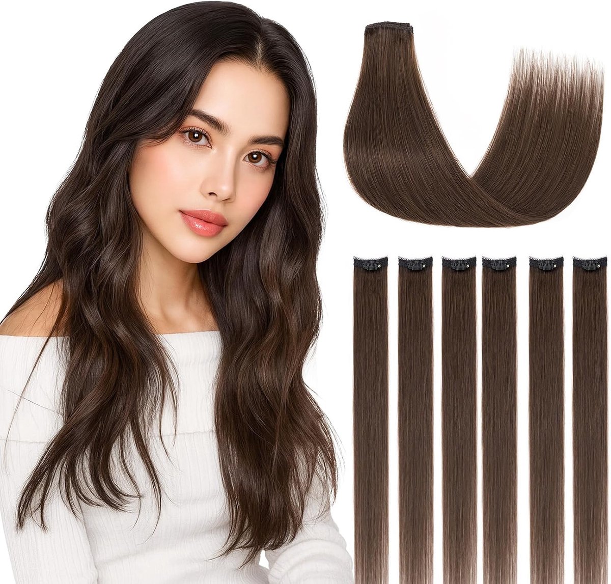 Clip-in extensies van echt haar, 6 stuks, single clip highlights, steile haarverlenging, natuurlijk voor vrouwen en dames, donkerbruin #02,25 cm, 31 g