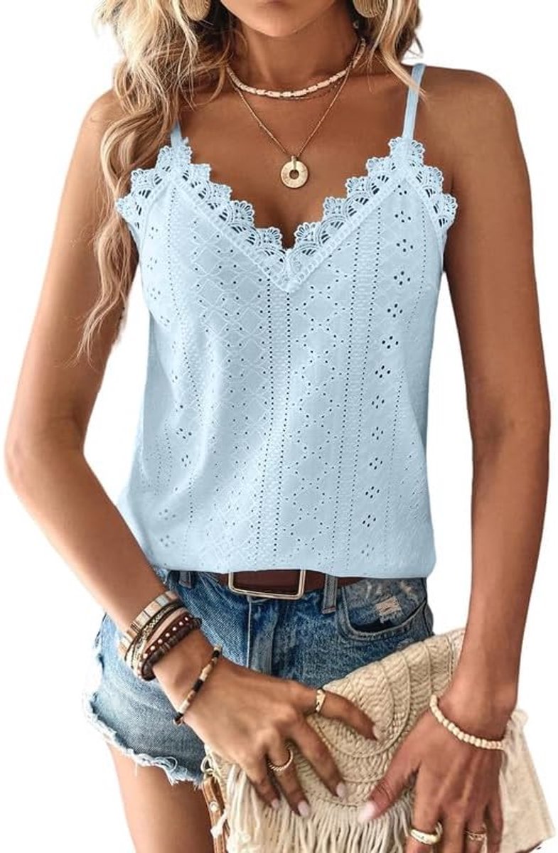 Vest Tops Dames Kanten Rand V-hals Dames Zomertops Tanktops Mouwloze Spaghettibandjes Cami Top Eyelet Borduursel Camisole Losvallende Blouse Shirt