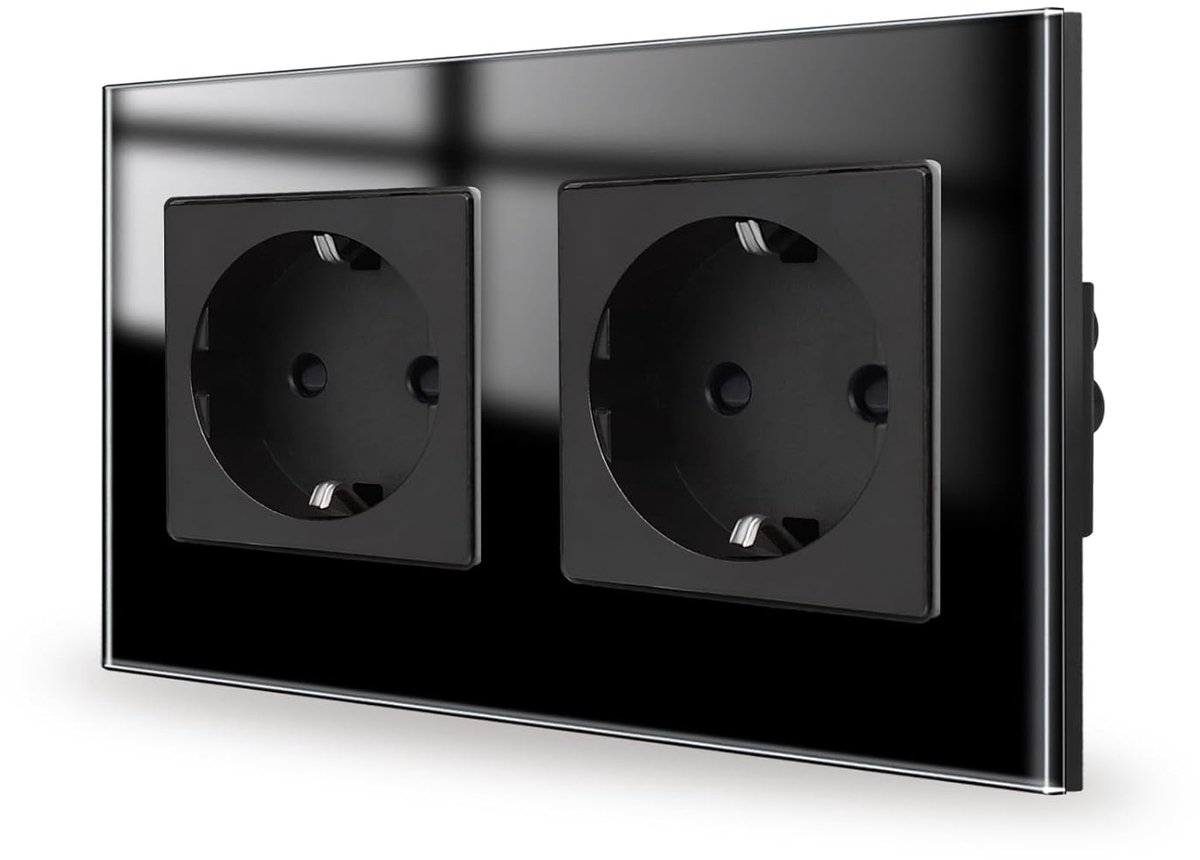 Dubbel stopcontact glas, zwart, inbouw, 2-voudig, geaard stopcontact, 16 amp, 250 V, 157 x 86 mm