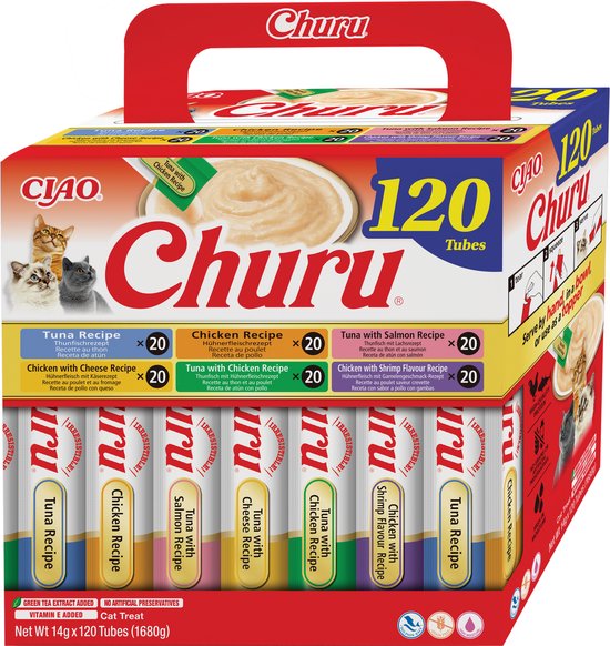 Doos met 120 Churu kattensnacks, 6 smaken. Afbeeldingen van katten en de smaken: tonijn, kip, tonijn met zalm, kip met kaas, kip met kip, kip met garnalen.