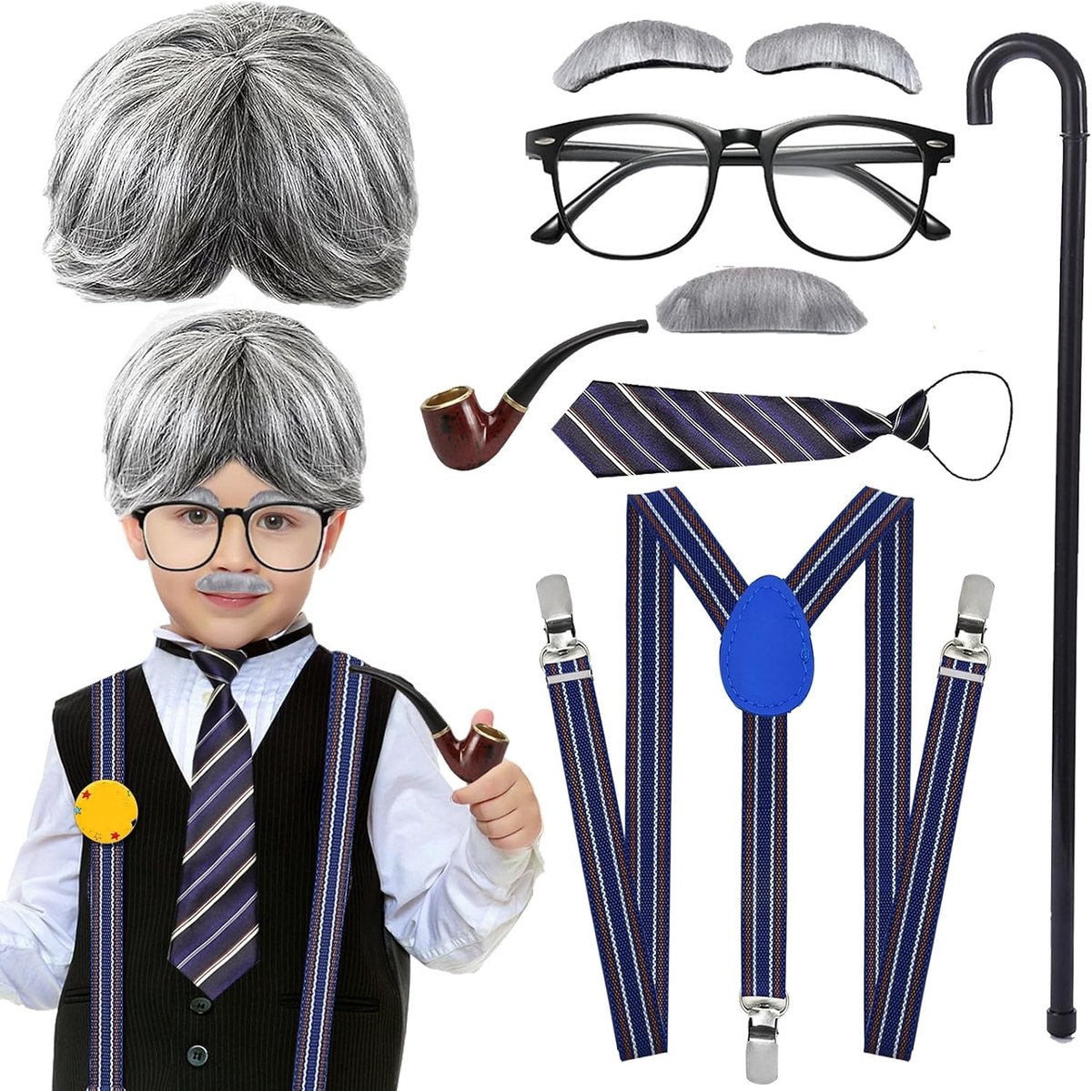 Kostuum voor kinderen, oude man-kostuum, accessoires, 9 stuks, 100 dagen, schoolkostuum voor jongens, opa, fancy dress, kostuumaccessoires voor Halloween, carnaval, cosplay, themafeest