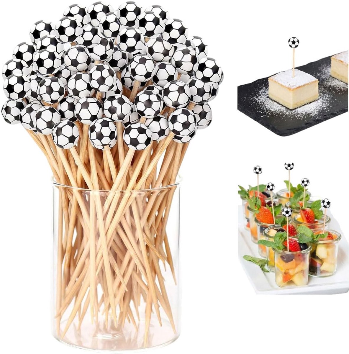 100 stuks voetbalcocktailplectrums, 100 stuks bamboe tandenstokers, voedselplectrums met voetbalthema voor sportfeest, wereldbeker, verjaardagsfeestdecoraties