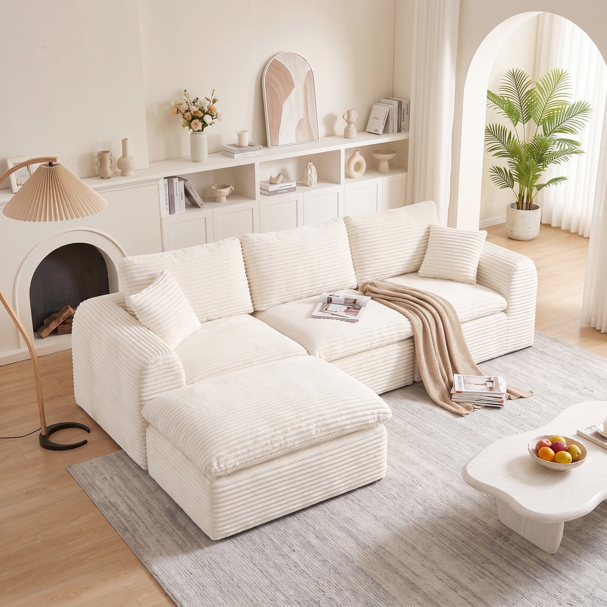 MIVRAY Hoekbank 280 x 180 x 65 cm - Modulaire 3-zits Met Slaapfunctie - Voor Woonkamer - Corduroy - Beige