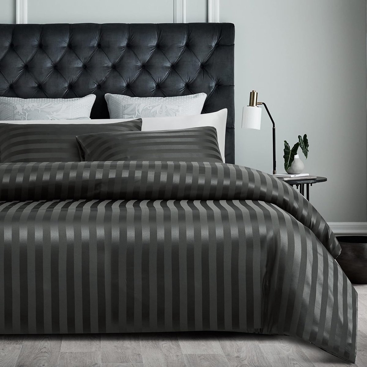 Satijnen beddengoed, 155 x 220 cm, grijs glanzend gestreept, hoogwaardige zijdeachtige gladde luxe dekbedovertrek met verborgen ritssluiting, 155 x 220 cm + 80 x 80 cm
