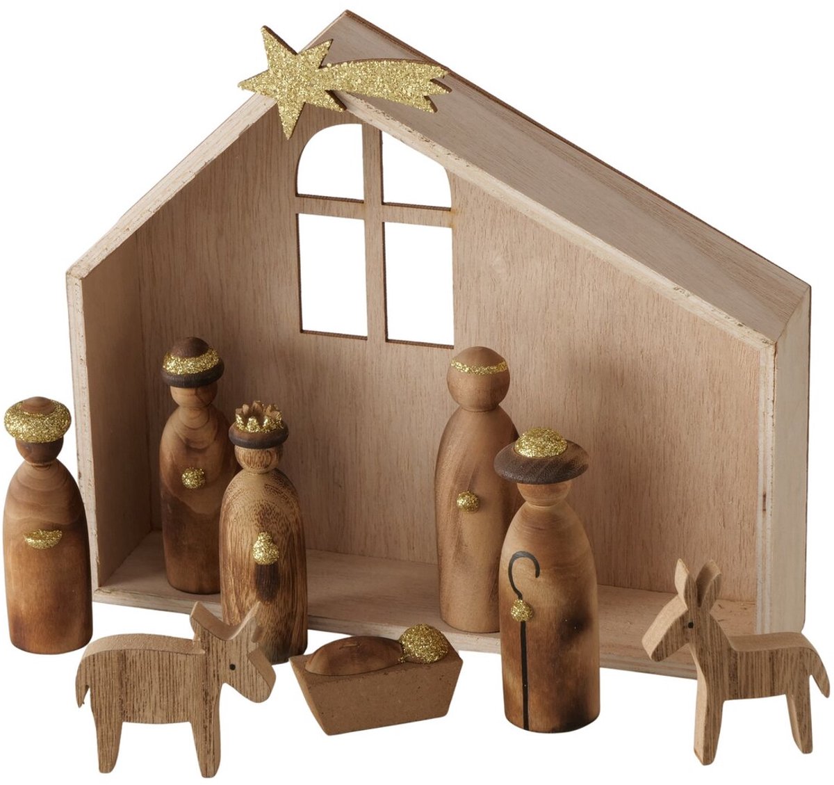Boltze - Kerststal - Hout - Kerststal met Figuren - FSC 100% Hout - Naturel/Goud - 20x18x4cm