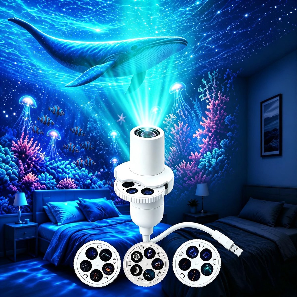 Oceaan en Melkweg sterrenprojector nachtlampje met flexibele zwanenhals, 360° verstelbaar, 15 projectiepatronen voor slaapkamer en auto, LED sfeerverlichting voor slaap en woningdecoratie