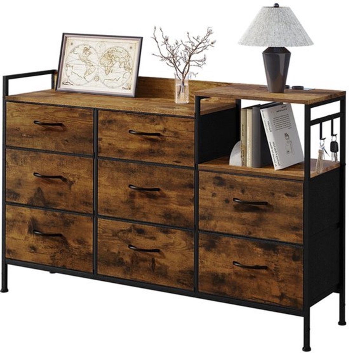 Kast met 8 laden - Ladekast - Ladekasten - Ladenkastje - Opbergkasten - Vintage hout - 132 x 88 x 30 cm (B x H x D) - Oplaadstation.