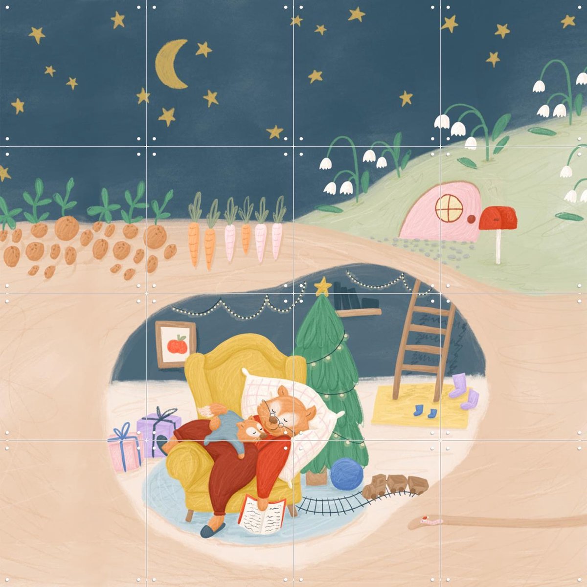 IXXI Cozy Christmas, Studio Phie - 80 x 80 cm - Gratis ophangtool - Grote wanddecoratie en posters - Cartoonesk, Illustraties, Fantasierijk