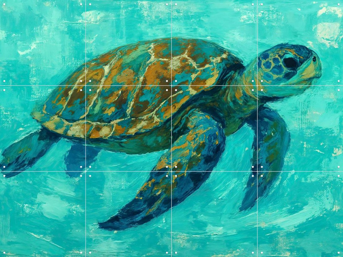 IXXI Zeeschildpad Zwemt in Tropisch Water, Natalie Bruns - 80 x 60 cm - Gratis ophangtool - Grote wanddecoratie en posters - Aquarel, Kwaststreken