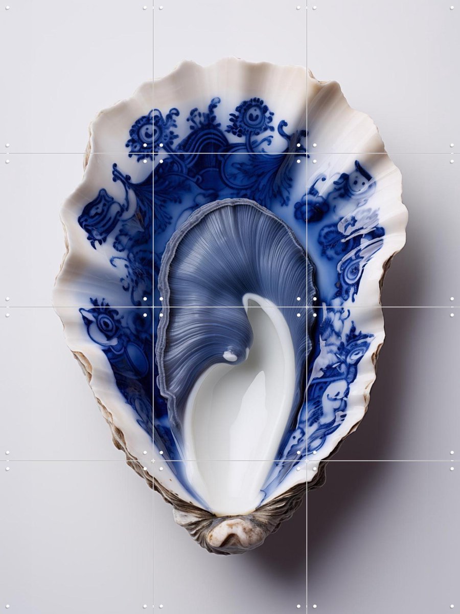 IXXI Delft Blue Oyster Shell, OTTI - 60 x 80 cm - Gratis ophangtool - Grote wanddecoratie en posters - Ornamenteel Ontwerp, Keuken, Gang, Woonkamer