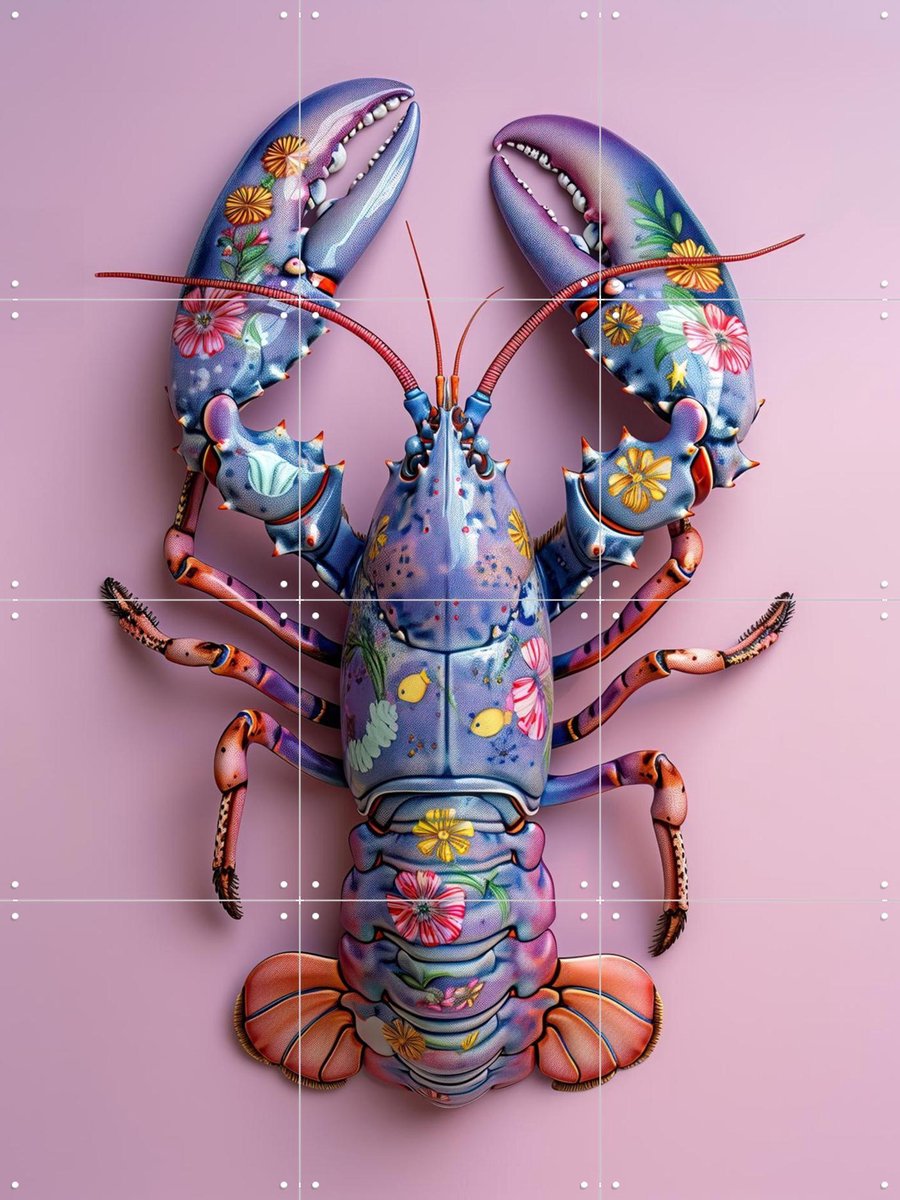 IXXI Purple Flower Lobster, OTTI - 60 x 80 cm - Gratis ophangtool - Grote wanddecoratie en posters - Digitale Kunst, Speels, Woonkamer, Strandhuis