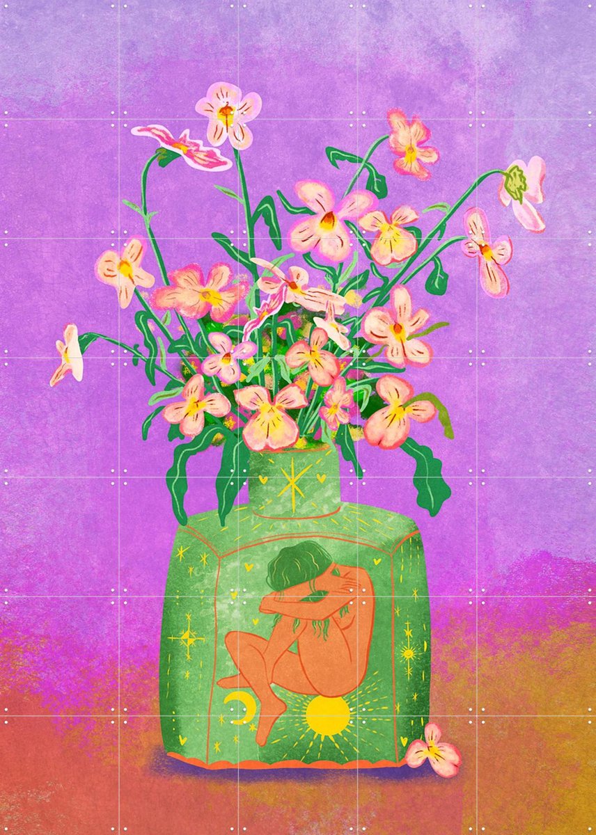 IXXI Pansies In A Vase, Raissa Oltmanns - 100 x 140 cm - Gratis ophangtool - Grote wanddecoratie en posters - Fantasierijk, Cartoonesk, Vintage