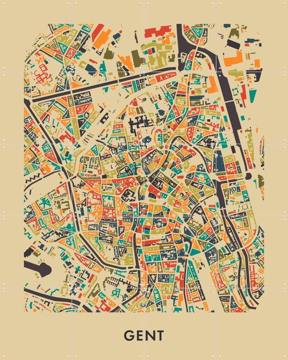 IXXI Gent Mosaic Map, Kunst in Kaart - 80 x 100 cm - Gratis ophangtool - Grote wanddecoratie en posters - Digitale Kunst, Illustraties, Kleurrijk