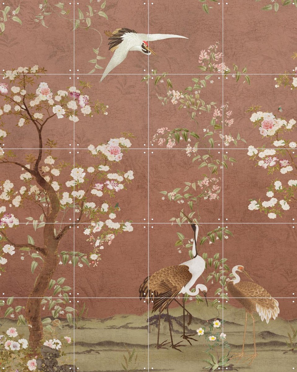 IXXI Chinoiserie Birds And Blossom Trees Terracotta, Bloomery Decor - 80 x 100 cm - Gratis ophangtool - Grote wanddecoratie en posters - Ukiyo-e