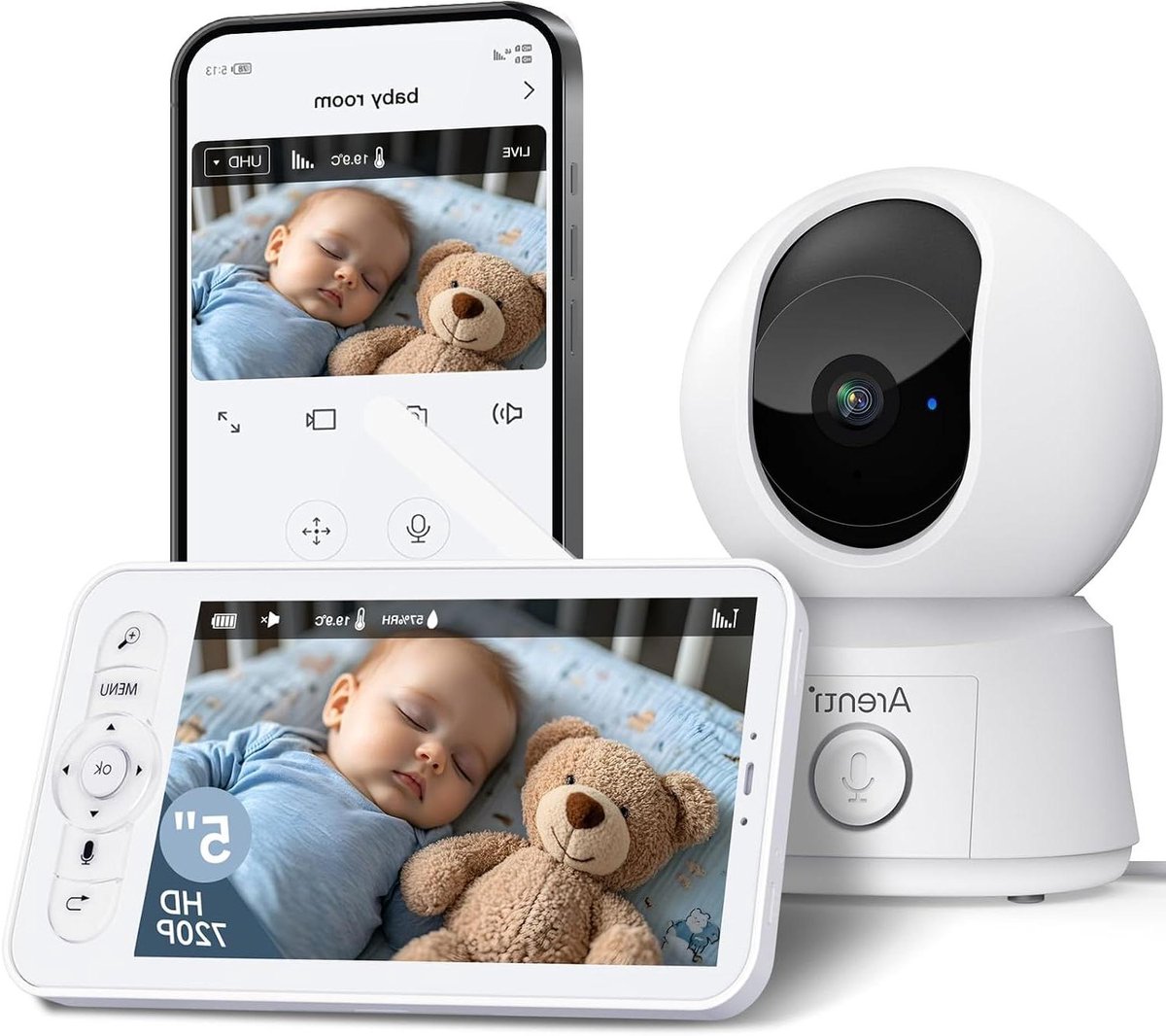Videobabyfoon met Camera - Baby Monitor App - Baby Bewaken - 360 Graden Draaibaar - 5 Inch Scherm - Wit