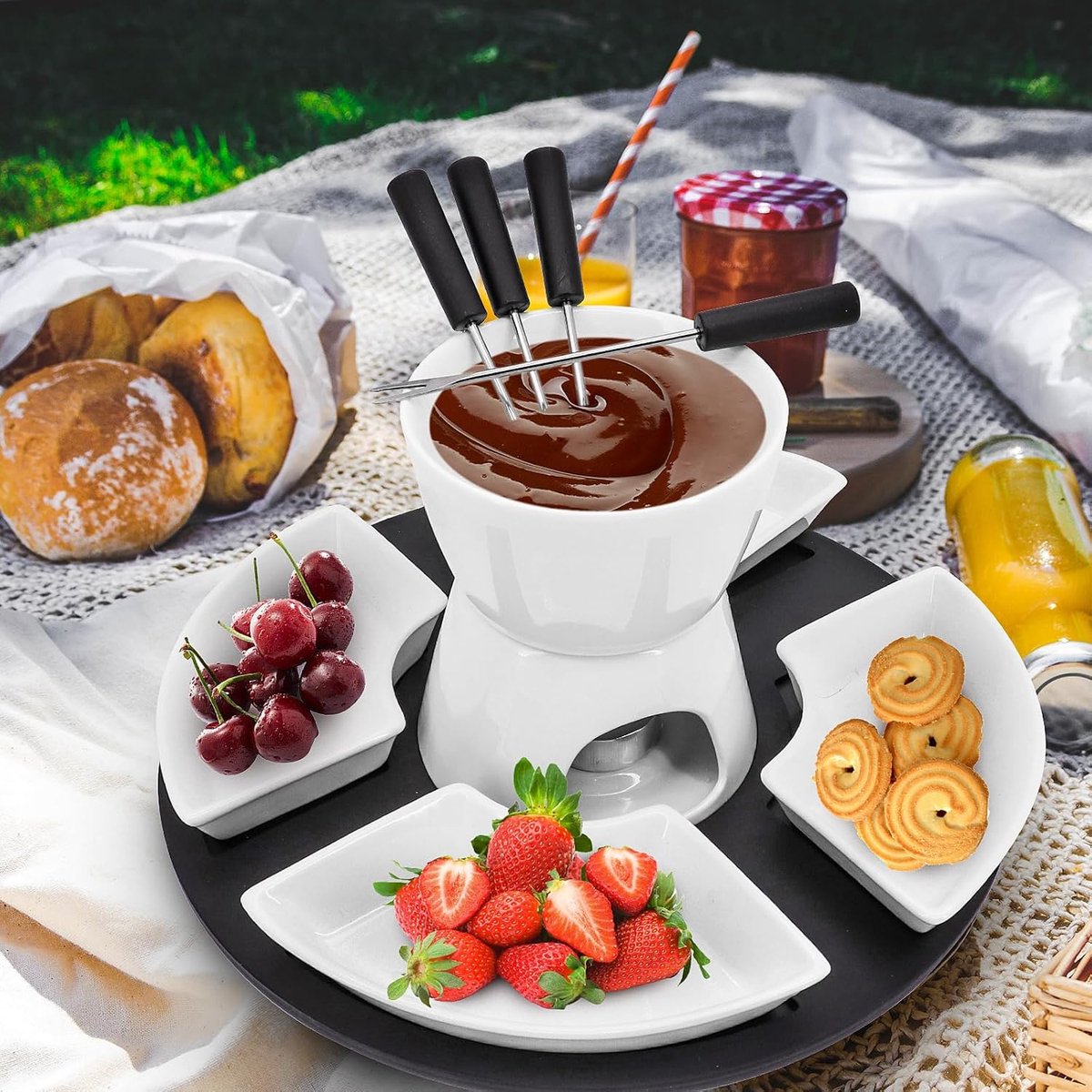 Fondue Set - Kaasfondue Chocoladefondue - Desserts Maken - Inclusief 4 Bakjes 4 Vorkjes - 300 ml - Wit – foto 5