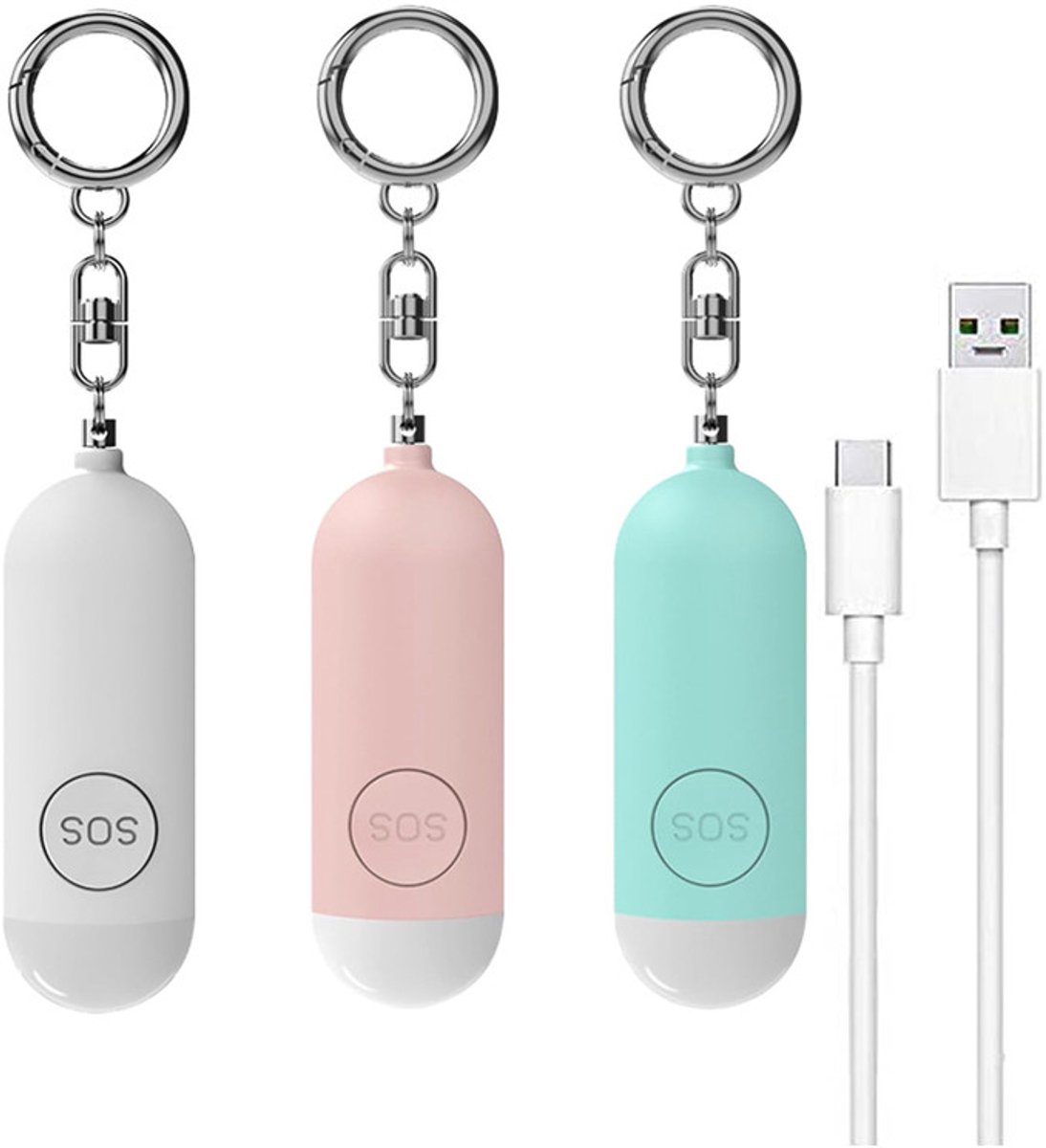 Persoonlijke Alarm - 3 Stuks - Persoonlijke Veiligheidsalarm - Zelfverdediging Sleutelhanger - Persoonlijke Bescherming - Noodsignaal - Senioren Alarm - Draagbaar Veiligheidsalarm - Sleutelhangers met LED-lampje - Blauw, Roze,Wit