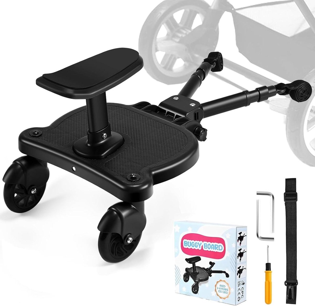 Kinderwagenplank - Meerijdplank Kinderwagen - Reizen met twee kinderen - Universele pasvorm - Tot 25 kg - Zwart